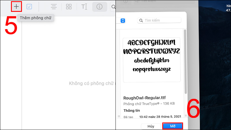 Nhấn dấu cộng rồi Mở file font chữ
