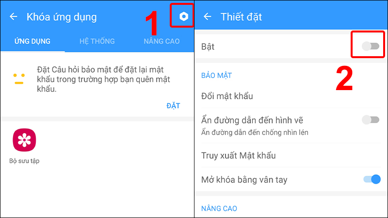 Nhấn vào Thiết lập và tắt Bảo mật