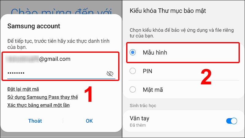 Đăng nhập Samsung account nhấn OK và chọn Kiểu khóa Thư mục bảo mật