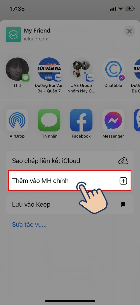 Nhấp vào mục Thêm vào MH chính. Nhấp vào mục Thêm vào MH chính.