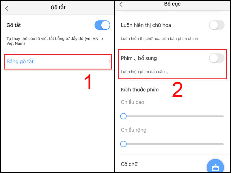 Chọn Tắt phím ., bổ sung