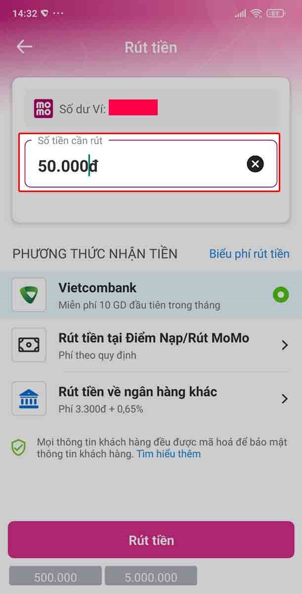 Bạn nhập số tiền cần rút (Tối thiểu 50.000đ). Bạn nhập số tiền cần rút