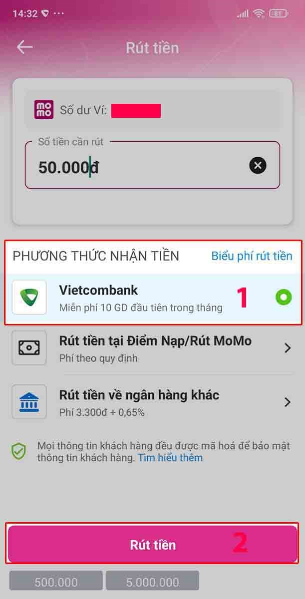 Bạn chọn ngân hàng Vietcombank tại mục Phương thức nhận tiền. Sau đó nhấn Rút tiền. Chọn ngân hàng Vietcombank. Sau đó nhấn Rút tiền.