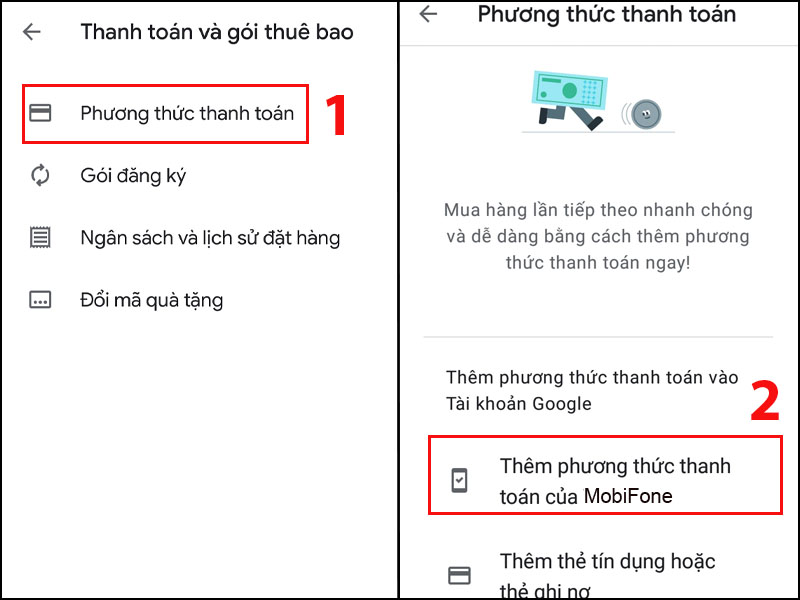 Chọn Thêm phương thức thanh toán của Google Play qua MobiFone