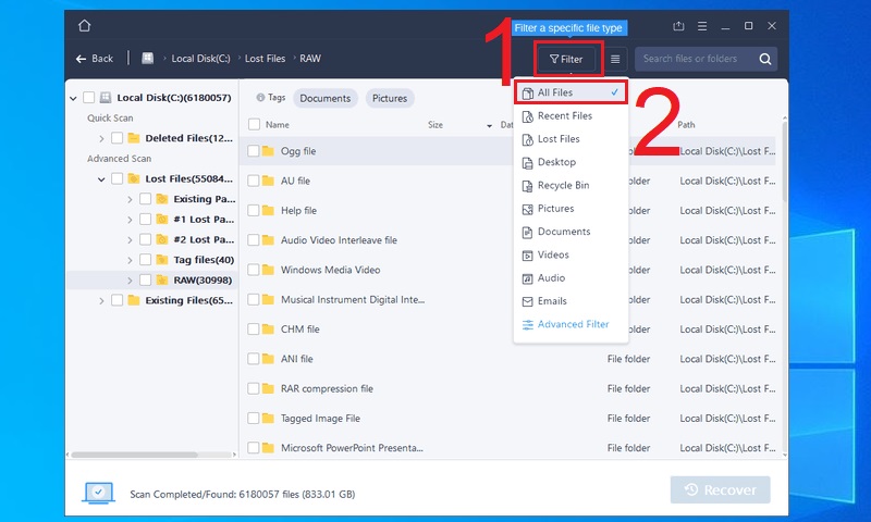 Chọn file để khôi phục