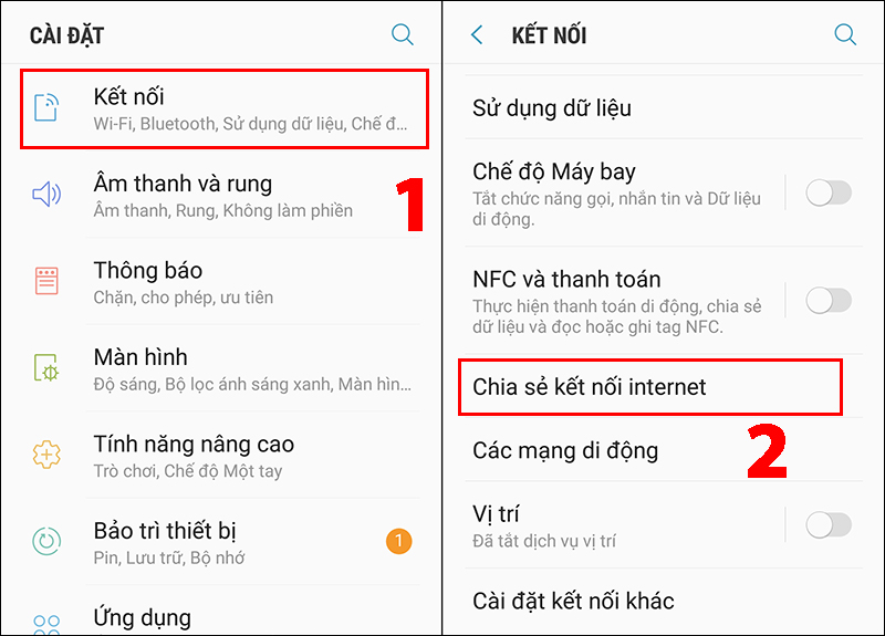 Chọn Chia sẻ kết nối internet