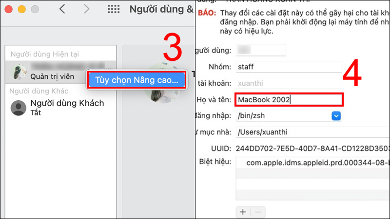 Chọn Tùy chọn Nâng cao ở mục Người dùng Hiện tại rồi đổi tên ở mục Họ và tên