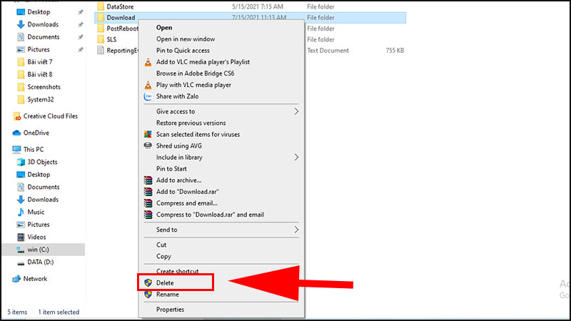 Chọn file Download > Nhấn trỏ chuột phải > Chọn Delete.