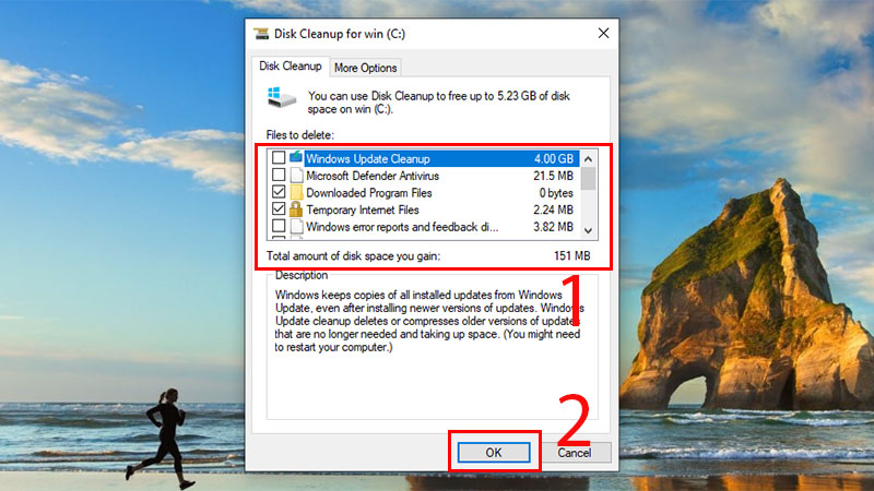 Tiếp tục kiểm tra hết các mục tại Files to delete hoặc chỉ chọn Windows Update Cleanup  > Nhấn OK.