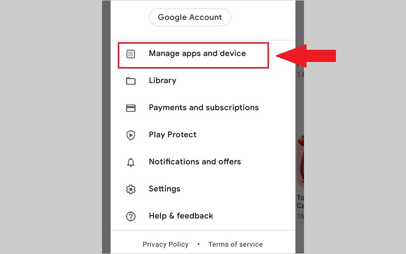 Chọn Manage apps and device để tìm ứng dụng