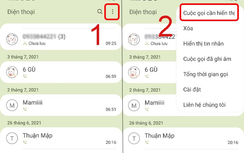 Chọn cuộc gọi cần hiển thị