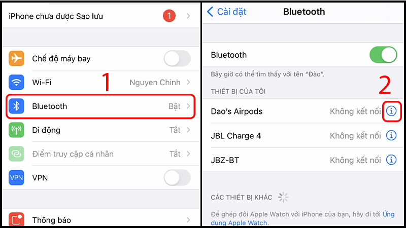 Truy cập vào Bluetooth trong phần Cài đặt, sau đó chọn biểu tượng chữ