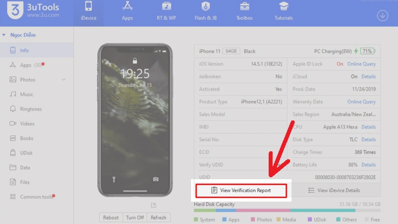 Nhấn vào View Verification Report trên trang chủ 3utools