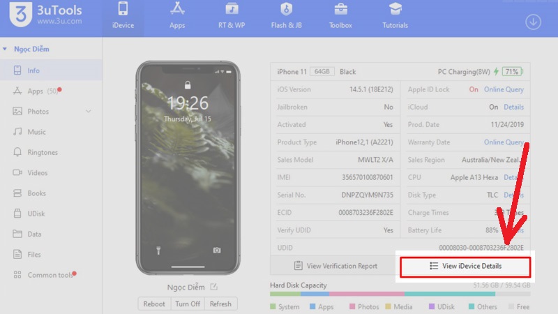Nhấn vào View iDevice Details trên trang chủ 3utools