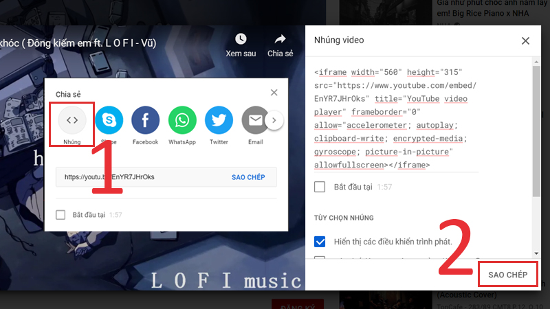 Chọn Nhúng và nhấn Sao chép đoạn code nhúng