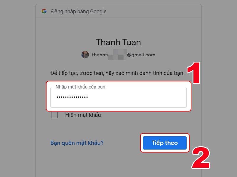 Nhập mật khẩu tài khoản Google Nhập mật khẩu tài khoản Google