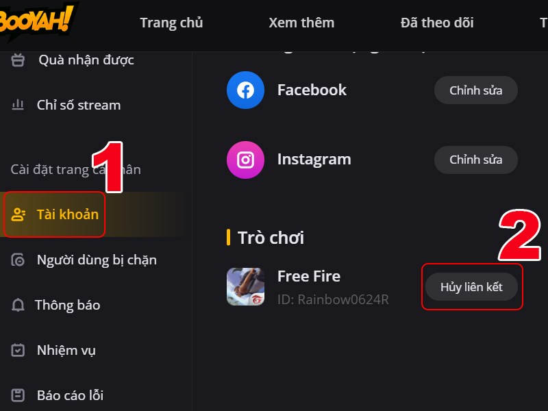 Hủy liên kết Free Fire với BOOYAH! Live Hủy liên kết Free Fire với BOOYAH! Live