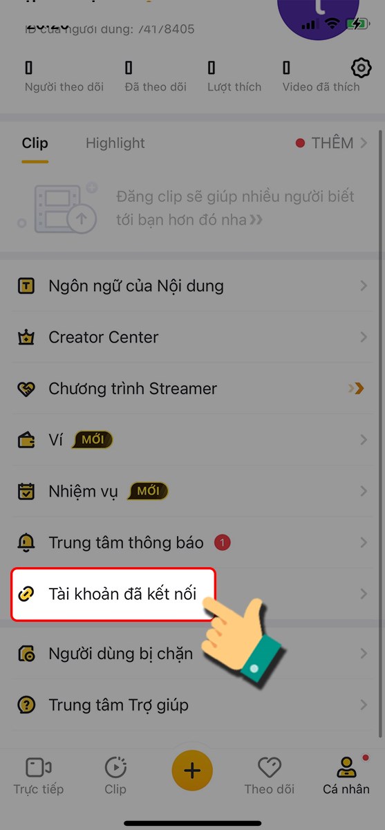 Nhấn vào Tài khoản đã kết nối Nhấn vào Tài khoản đã kết nối
