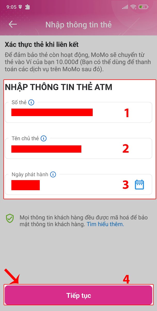Nhập thông tin thẻ. Nhấn Tiếp tục. Nhập thông tin thẻ. Nhấn Tiếp tục.