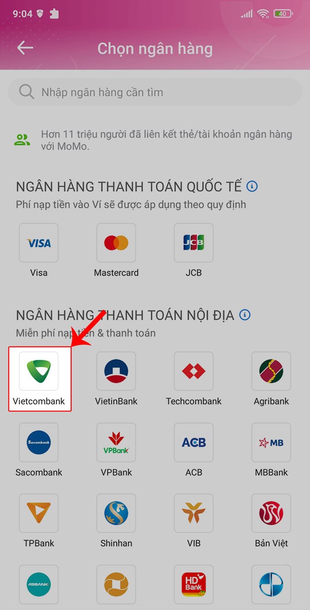 Chọn ngân hàng Vietcombank. Chọn ngân hàng Vietcombank.