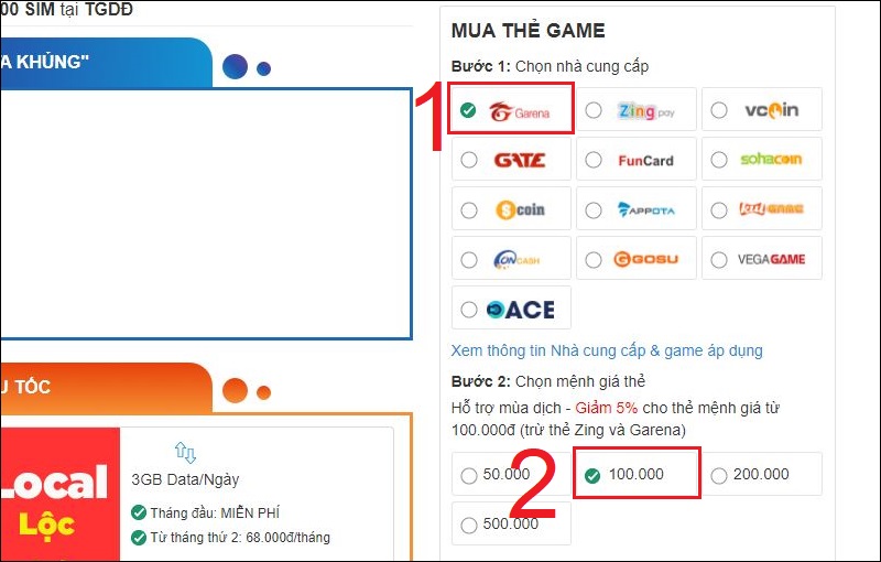 Chọn nhà cung cấp và mệnh giá mua thẻ