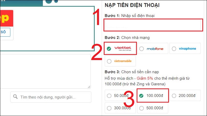 Nhập số điện thoại, nhà cung cấp và mệnh giá