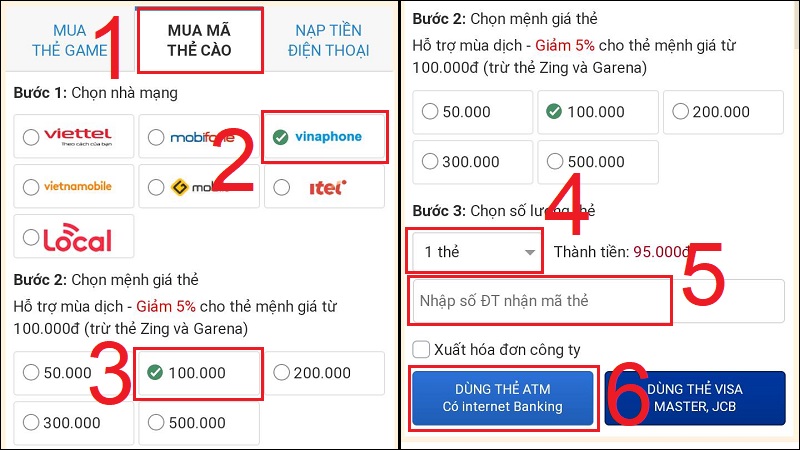 Chọn nhà cung cấp và mệnh giá mua thẻ