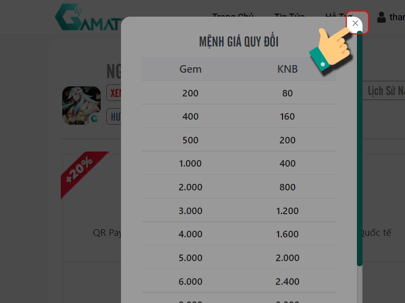 Tắt bảng quy đổi KNB Tắt bảng quy đổi KNB