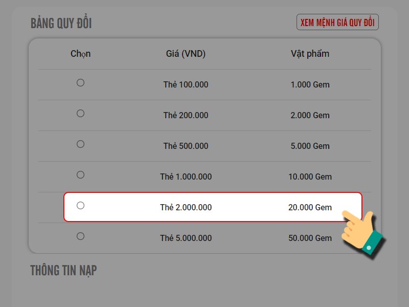 Chọn gói nạp Chọn gói nạp