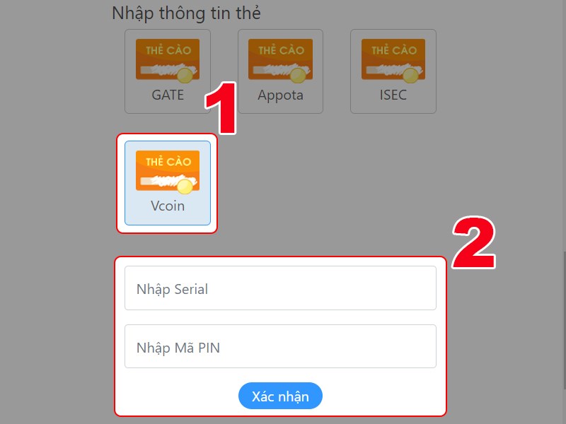 Nhập thông tin thẻ game Nhập thông tin thẻ game