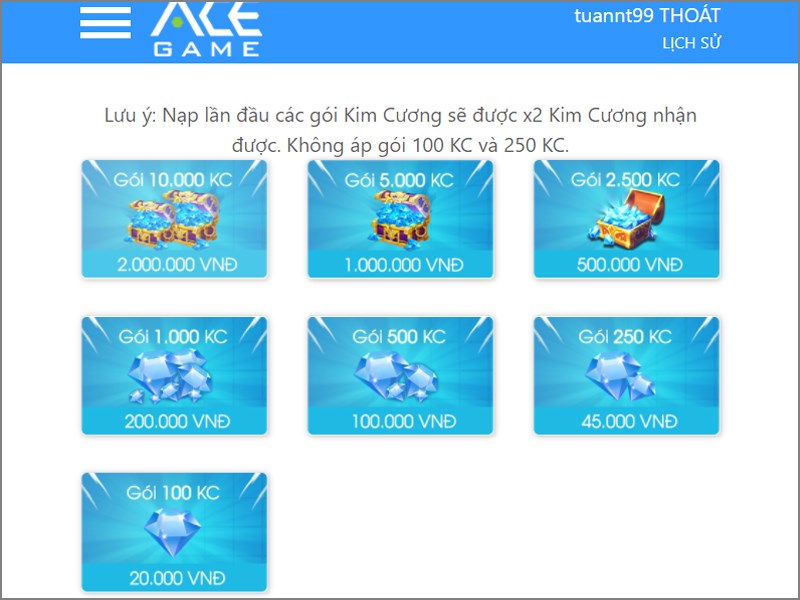 Tỷ lệ nạp gói kim cương Tỷ lệ nạp gói kim cương