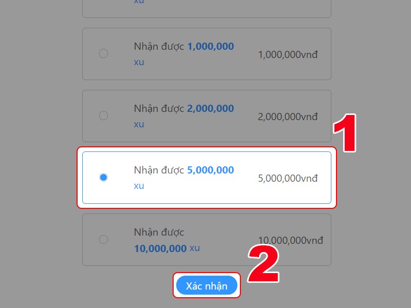 Chọn gói xu muốn nạp Chọn gói xu muốn nạp
