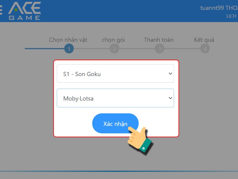 Chọn nhân vật cần nạp Chọn nhân vật cần nạp