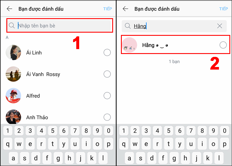 Chọn bạn bè muốn tag tại kết quả tìm kiếm