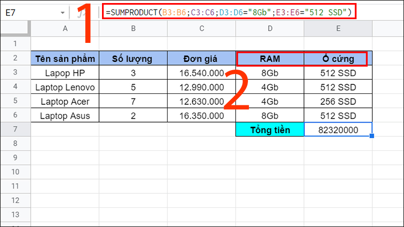 cach-su-dung-ham-sumproduct-trong-google-sheet-800x450-1 Tính tổng tiền giá trị sản phẩm có RAM 8 Gb và ổ cứng 512 SSD
