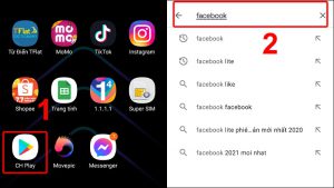 Vào CH Play và tìm kiếm ứng dụng Facebook
