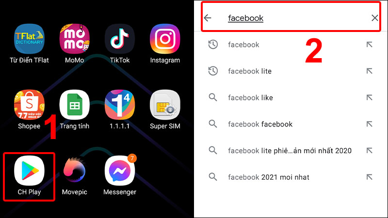 Vào CH Play và tìm kiếm ứng dụng Facebook