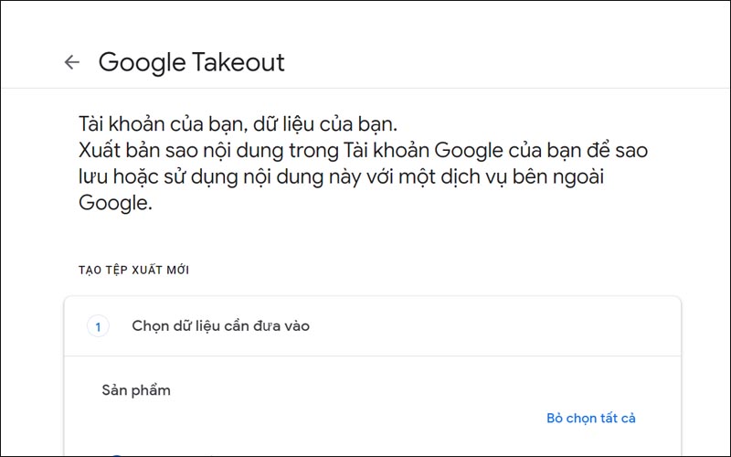 Truy cập vào trang Google Takeout