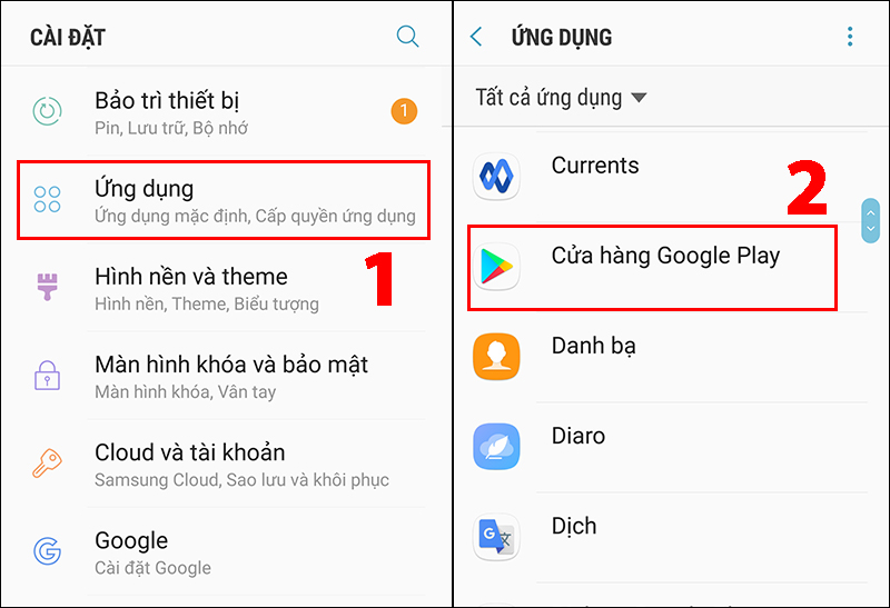 Vào Cửa hàng Google Play trong cài đặt