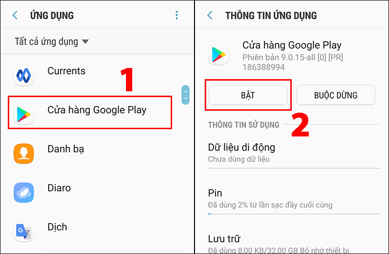 Vào lại Cửa hàng Google Play tại mục Ứng dụng trong Cài Đặt > Chọn Bật