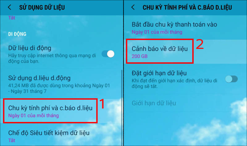 Vào Chu kỳ tính phí và cảnh báo dữ liệu