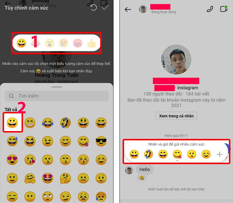 Nhấn vào cảm xúc mặc định rồi chọn biểu tượng cảm xúc để thay thế Nhấn vào cảm xúc mặc định rồi chọn biểu tượng cảm xúc để thay thế