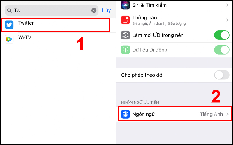 Chuyển đổi ngôn ngữ Twitter trong Cài đặt của máy