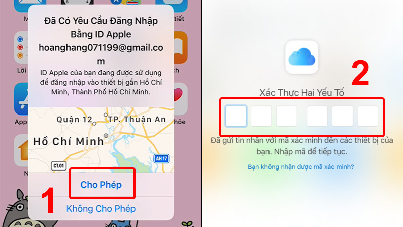 Nhấn Cho phép và nhập mã xác thực được gửi về iPhone