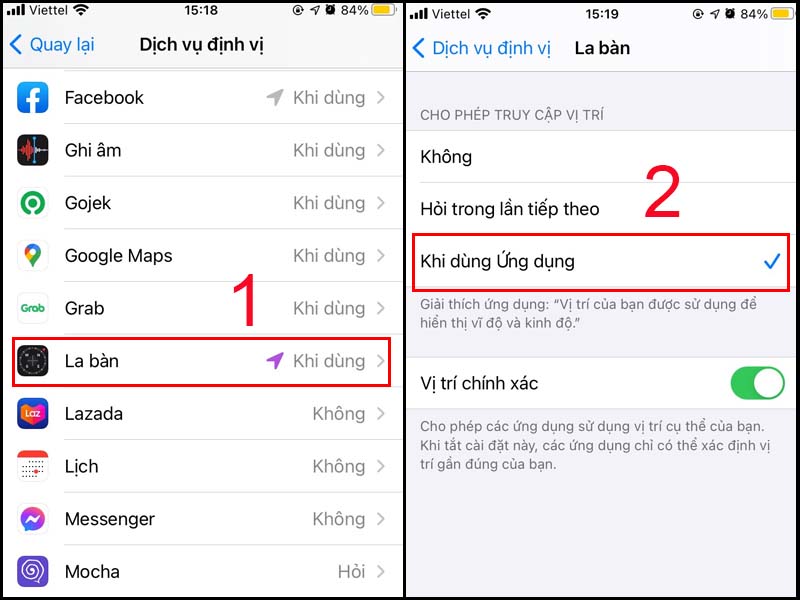 Bật định vị cho ứng dụng La bàn