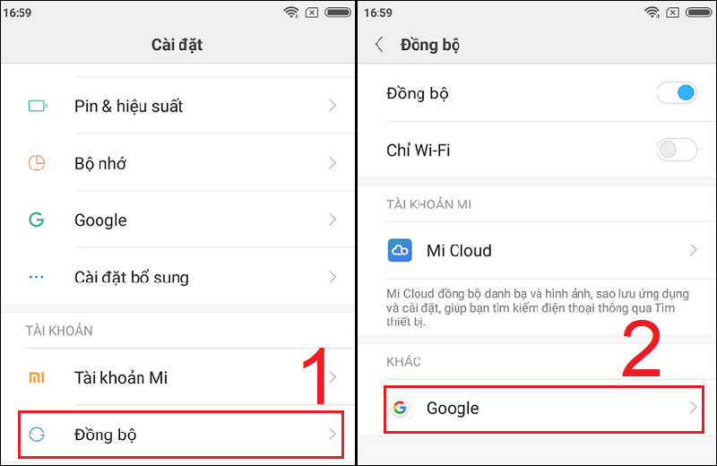 Chọn tài khoản google trong mục Đồng bộ của Cài đặt