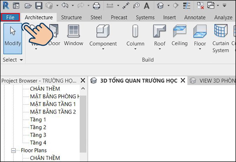 Đầu tiên tại file Revit bạn muốn xuất sang Sketchup, bạn hãy chọn vào File. Đầu tiên tại file Revit bạn muốn xuất sang Sketchup, bạn hãy chọn vào File.
