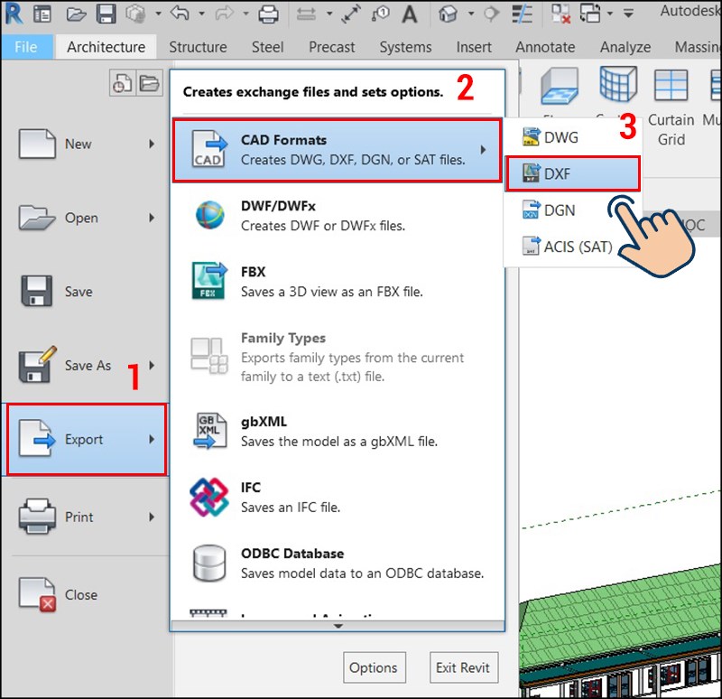 Sau đó bạn hãy chọn vào Export, nhấn vào CAD Formats và cuối cùng là DXF. Sau đó bạn hãy chọn vào Export, nhấn vào CAD Formats và cuối cùng là DXF.