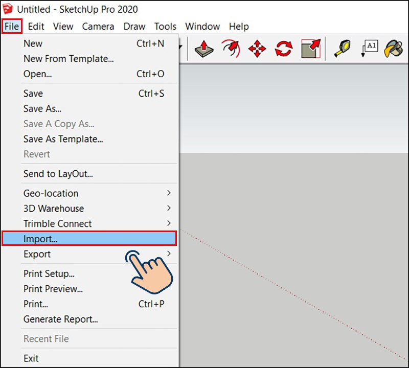 Tại giao diện chính của Sketchup, bạn hãy chọn vào File và nhấn vào Import. Tại giao diện chính của Sketchup, bạn hãy chọn vào File và nhấn vào Import.