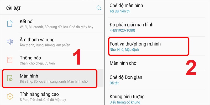Chọn mục Font và thu/phóng màn hình trong phần Cài đặt